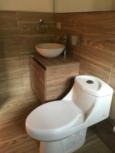 a bathroom with a white toilet and a sink at La Casa de las Estrellas in Suesca