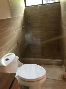 a bathroom with a white toilet and a shower at La Casa de las Estrellas in Suesca +25 photos