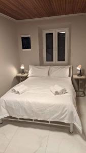 a bedroom with a large white bed with two windows at Elise Corfu City Apartment in Ágios Rókkos