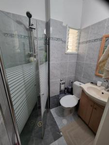 a bathroom with a shower and a toilet and a sink at Chilling in Netanya in Netanya