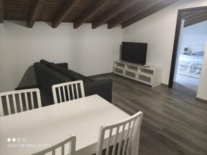 a living room with a couch and a table and a television at Apartamentos Patas y Patetas in Tragacete