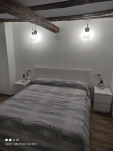 a bedroom with a bed with two night stands and lights at Apartamentos Patas y Patetas in Tragacete