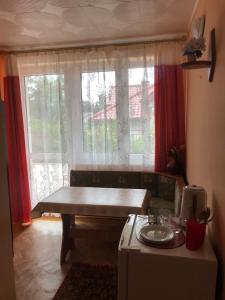 a kitchen with a table in front of a window at Pokoje gościnne U Wandy in Ostrowo