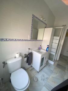 uma casa de banho com um WC, um lavatório e um espelho. em Tablada Los Remedios em Sevilha