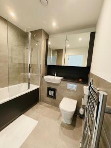 a bathroom with a toilet and a sink and a shower at Modern Penthouse flat with Free Indoor Parking in London