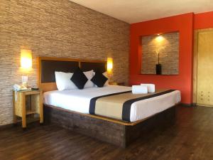 a bedroom with a large bed with red walls at Hotel Colonial Hermosillo in Hermosillo