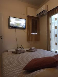 a bedroom with a bed and a flat screen tv on the wall at A&F ioannina apartment in Ioannina