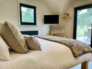 a bedroom with a bed with pillows and a television at EASTRIDGE GLAMPING in Shrewsbury