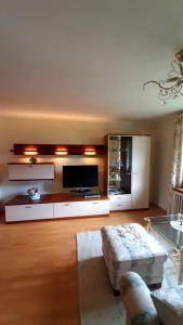 a living room with a tv and a couch at Ferienhaus Waldglück in Gosau