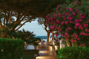 a patio with pink flowers and tables and trees at UNAHOTELS Club Hotel Ancora in Stintino