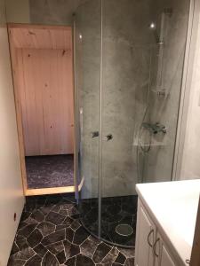 a shower with a glass door in a bathroom at Tjonnas Farm Stay in Sauland