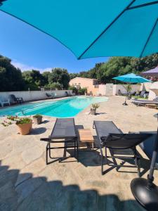 a swimming pool with chairs and umbrellas in front of a pool at Perla Di Macchia in Bonifacio