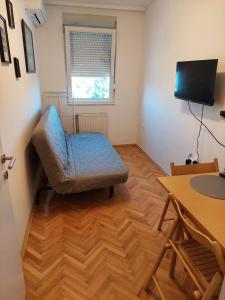 uma sala de estar com uma cadeira e uma mesa em City passage apartments 2 em Novi Sad