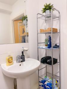 a bathroom with a sink and a mirror at Cosy 1-bedroom apartment in Greater London in London