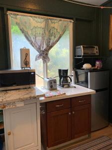 a kitchen with a counter with a microwave and a window at The Cottage at Ohia Kai. TVNCU#1354 in Kapaa