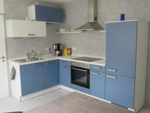 a blue kitchen with a sink and a stove at WiLoMa in Baden-Baden