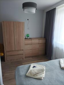 a bedroom with a bed and a cabinet and a window at Słoneczna Dziesiątka in Solec-Zdrój