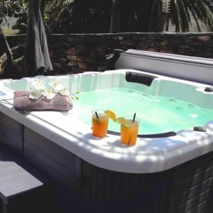 Dois cocktails estão sentados numa banheira de hidromassagem em Casa Finca Doñana em Arucas