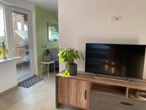 TV de pantalla plana en la parte superior de un centro de entretenimiento de madera en Ferienwohnung mit Charme, en Langenzenn