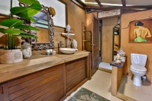 een badkamer met een wastafel, een toilet en een spiegel bij Soul Rise in Taravao