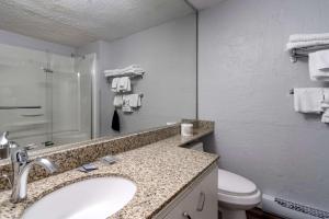 a bathroom with a toilet, sink, and mirror at Best Western Inn at Penticton in Penticton