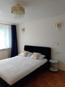 a bedroom with a large bed with a chandelier at Alexa d'Oro Rooms in Krakow
