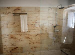 a bathroom with a shower with a stone wall at TI8-Travessa das Invernas 8 in Évora