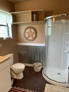 a bathroom with a shower and a toilet at Trails End Retreat in Bandera