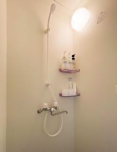 a shower in a bathroom with a light on the wall at Necoana Glamping富士山景BBQトレーラーヴィラ in Fujikawaguchiko