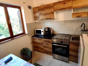 a small kitchen with a stove and a microwave at Apartments Sunset Jadranovo in Jadranovo