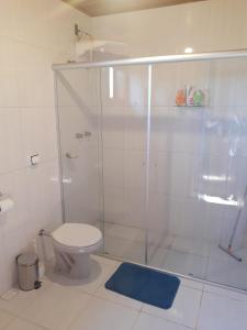 een badkamer met een douche, een toilet en een blauw tapijt bij Biju's Little Farm in Ibiúna