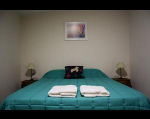 Un dormitorio con una cama verde con toallas. en Cabañas Casa fuerte, en San Rafael 17 fotos más