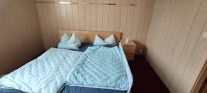 a bedroom with a bed with blue sheets and pillows at Ferienwohnung Sommerbrise in Gelbensande