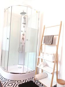 a bathroom with a shower with a wooden ladder at Irziana - Au jardin d'Henriville in Amiens