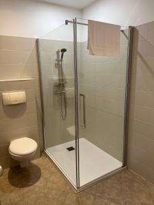 uma cabina de duche com WC na casa de banho em Les Jardins De Santa Giulia - Charmante chambre d'hôte em Porto-Vecchio