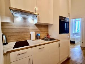 kuchnia z białymi szafkami i zlewem w obiekcie LOVELY HOME private TERRACE w Wiedniu