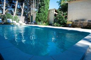a swimming pool with blue water in a yard at Le Mas de Panier in Caderousse