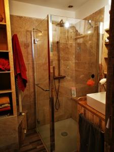y baño con ducha y lavamanos. en Le monde de Théodore, en Anduze