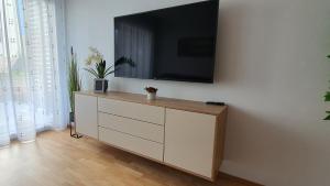 En TV eller et underholdningssystem på Luxuriöses Apartment mit Garten & Terrasse in der Nähe vom See im schönen Salzkammergut