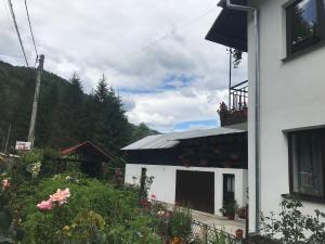 a white building with a balcony with flowers on it at Casa Elena in Voineşiţa