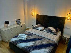 1 dormitorio con 1 cama grande, vestidor y luces en Alexander Cozy Apartment FREE PRIVATE PARKING, en Mediaş