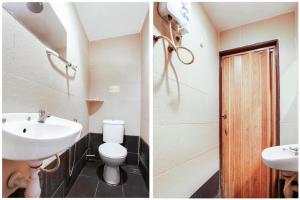 Duas fotografias de uma casa de banho com um lavatório e um WC. em EZI HOTEL KLANG em Klang