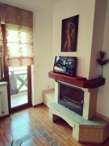 uma sala de estar com lareira e televisão em GD Apartament em Bansko