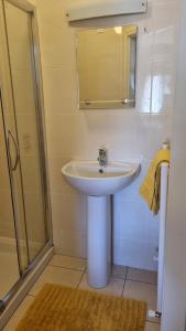 a bathroom with a sink and a shower at 2 Bedroomed Ground Floor Apartment in Kenmare