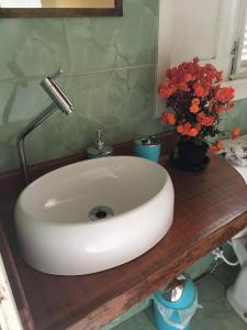 um lavatório branco num balcão de madeira com flores em Loft Cravo & Canela em São Pedro da Serra