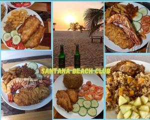 un collage de diferentes fotos de comida y bebida en Santana Beachclub en Sanyang