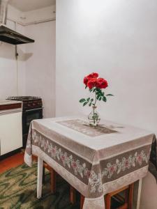 un vase avec une rose rouge assise sur une table dans l'établissement ДіВо, à Bohuslav