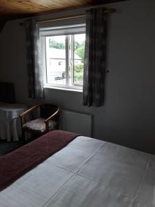 1 dormitorio con cama, ventana y silla en Greenmount Accommodation, en Killarney