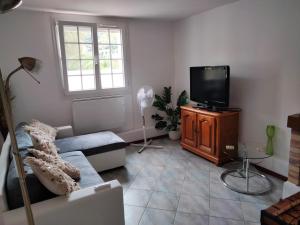 a living room with a couch and a tv at beautiful apartment with garden in Amélie-les-Bains-Palalda