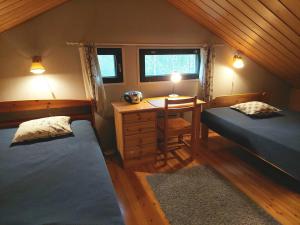 a bedroom with two beds and a desk with a table at Kuosto ja Luppo in Äkäslompolo